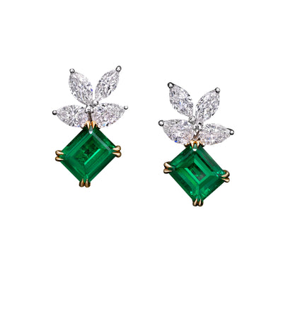 6.03 Carat Emerald Cut Emerald Earrings with 2.95 Carat Natural Pear and Marquise Shaped Diamonds