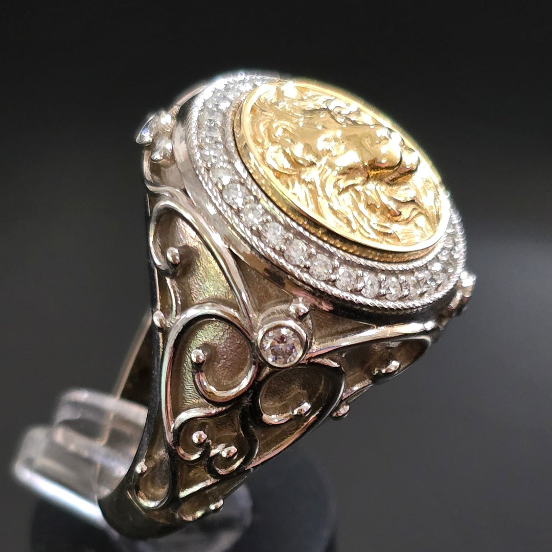 Men Lion Ring 25 gr Yellow and White Gold, Carart Natural Diamonds