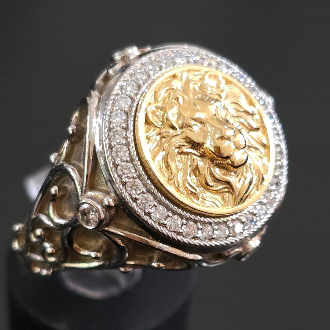 Lion signet ring for men, Luxury mens ring gold diamonds, Large