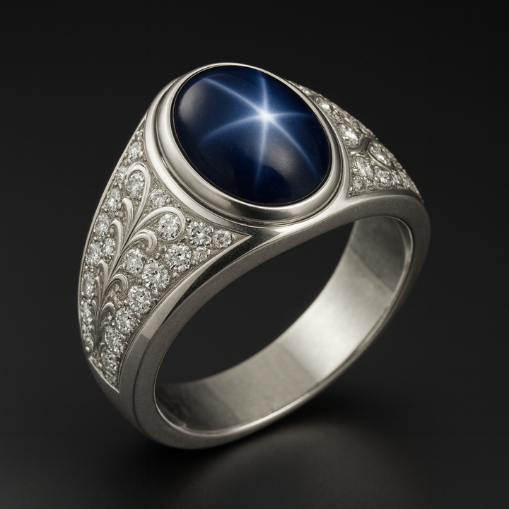 Men's Blue Star Sapphire Ring with Diamonds – view 2