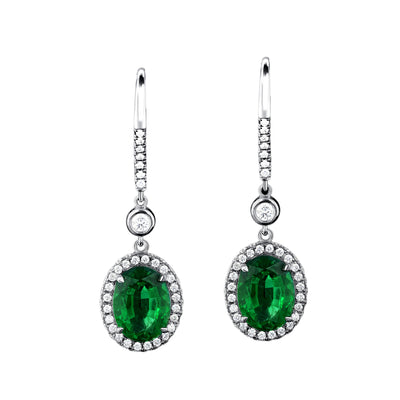 2.24 Carat Oval Emerald Halo Drop Earrings with 0.42 Natural Diamonds
