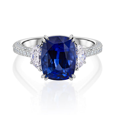4.69 carat Sapphire Blue Cushion with Half Moon Natural Diamonds