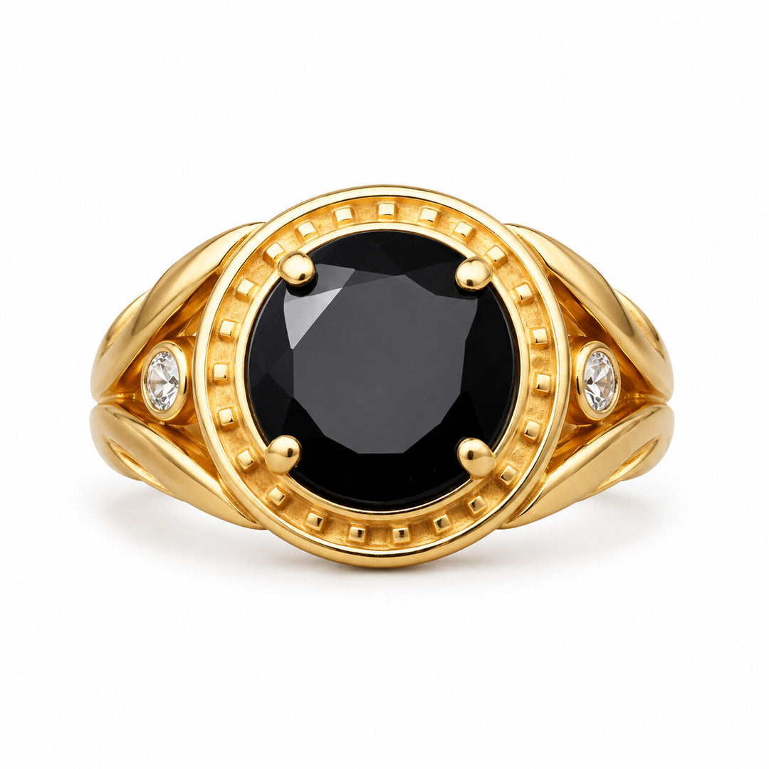 Men's Black Tourmaline Signet Ring with Diamonds – white background view 1