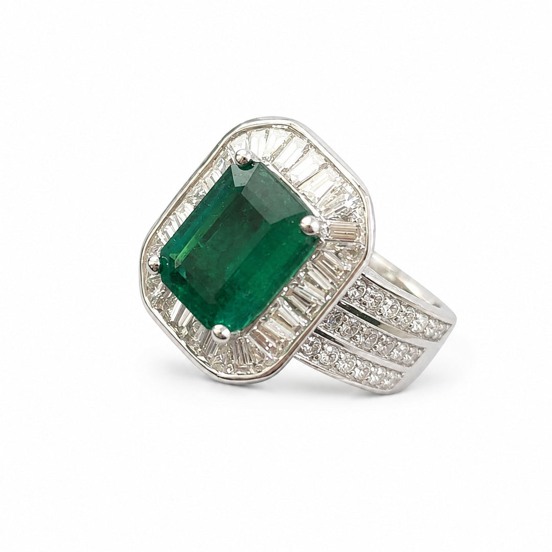 Candace – 3.75 Carat Natural Green Emerald Ring with 2.50 Carats of Natural Diamonds – white background view 1