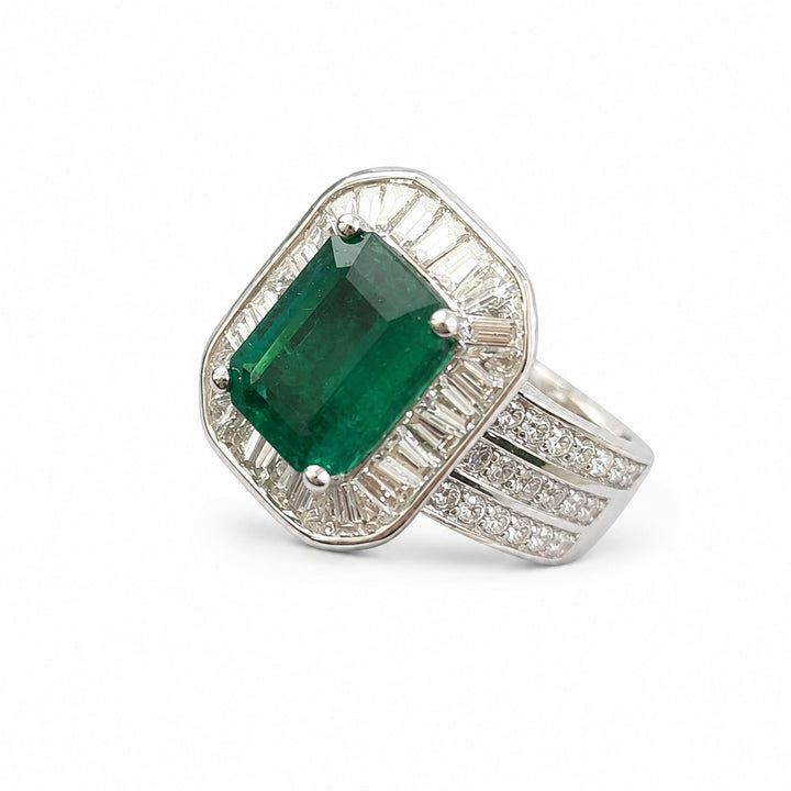 Candace – 3.75 Carat Natural Green Emerald Ring with 2.50 Carats of Natural Diamonds – white background view 1