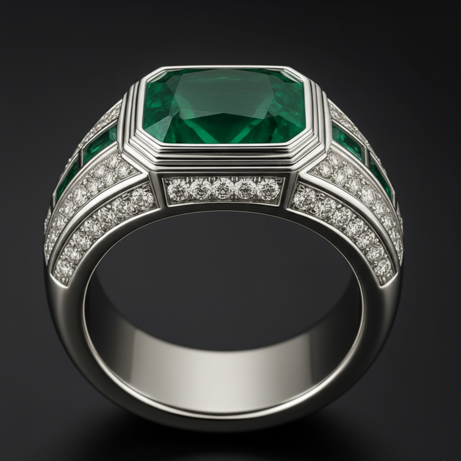 Men’s 3.00 Carat Emerald and Diamond Ring on a clean background – view 3