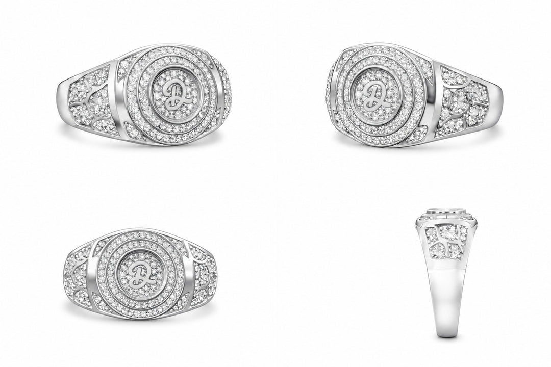 Men's Personalized Initial Signet Ring with Diamonds 1.00 ct – white background view 2