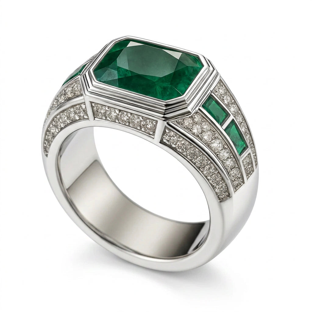 Men’s 3.00 Carat Emerald and Diamond Ring on a clean background