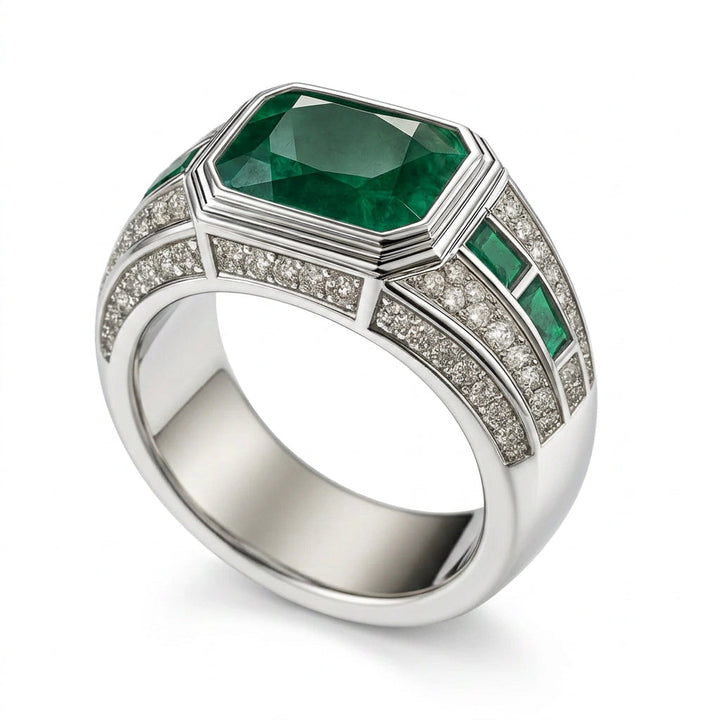 Men’s 3.00 Carat Emerald and Diamond Ring on a clean background
