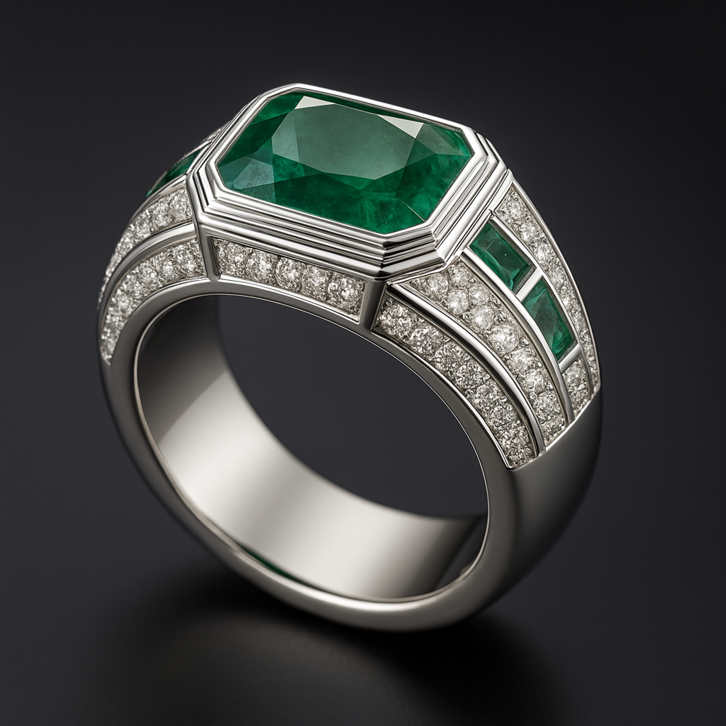 Men’s 3.00 Carat Emerald and Diamond Ring on a clean background – view 4