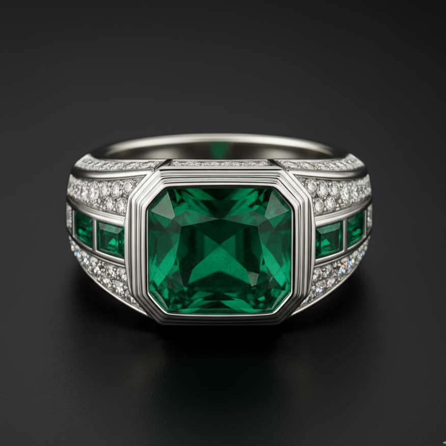 Men’s 3.00 Carat Emerald and Diamond Ring on a clean background – view 2