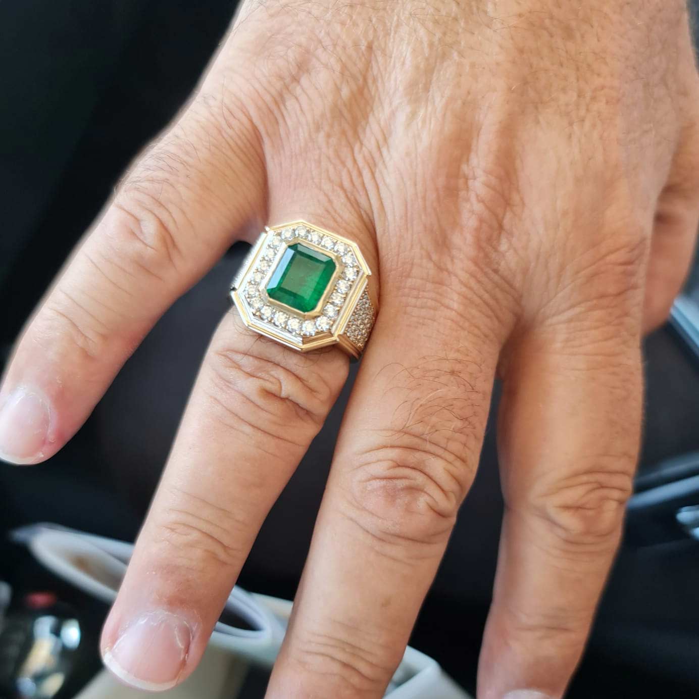 Muzo 30ct Men Emerald and Diamond Chandelier Ring | Nekta New York