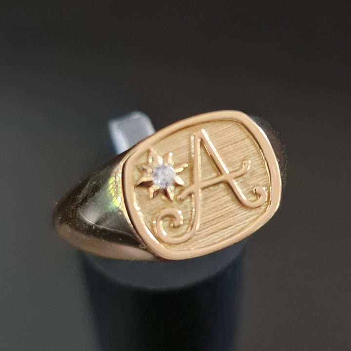 Men's Personalized Initial and Diamond Star Signet Ring – view 6