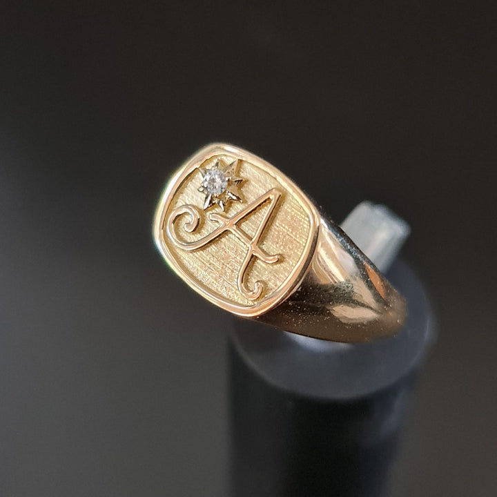 Men's Personalized Initial and Diamond Star Signet Ring – view 5