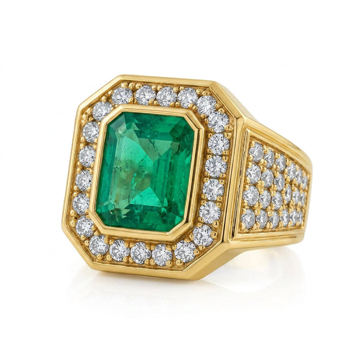 Men’s 3.45 Carat Emerald Signet Ring on a clean background