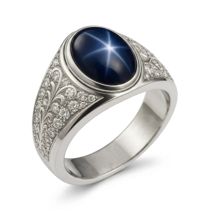 Men's Blue Star Sapphire Ring with Diamonds – view 1