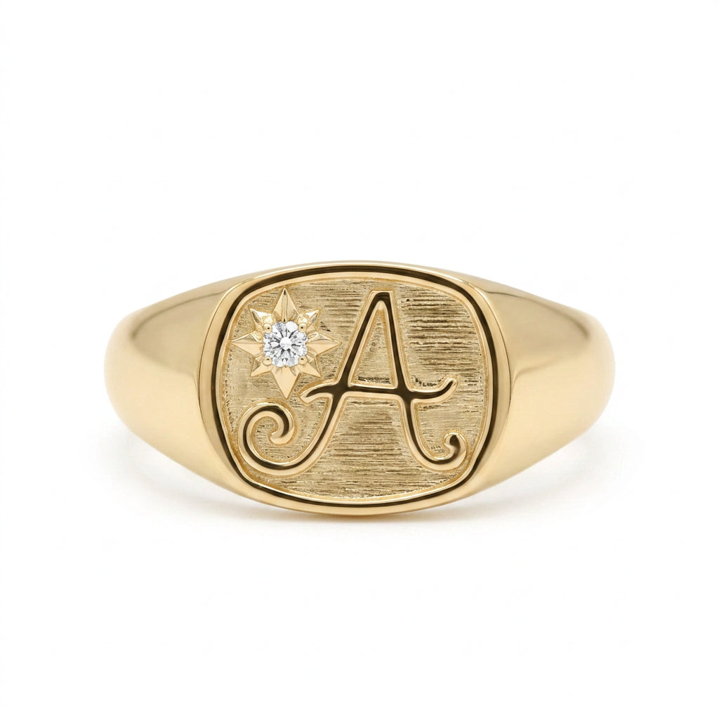 Men's Personalized Initial and Diamond Star Signet Ring – view 1