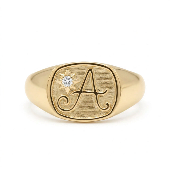 Men's Personalized Initial and Diamond Star Signet Ring – view 1