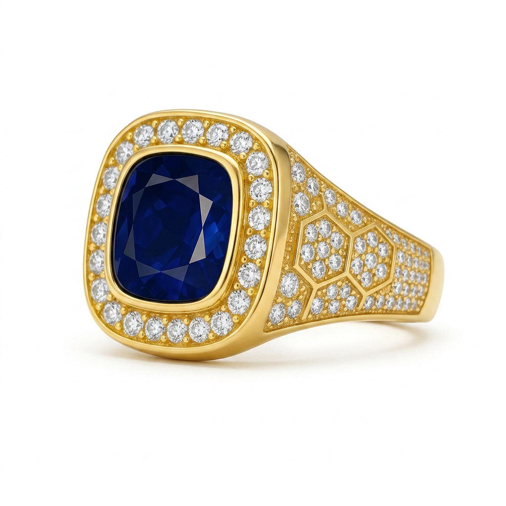 Men's Cushion Blue Sapphire Ring with Diamonds – view 1