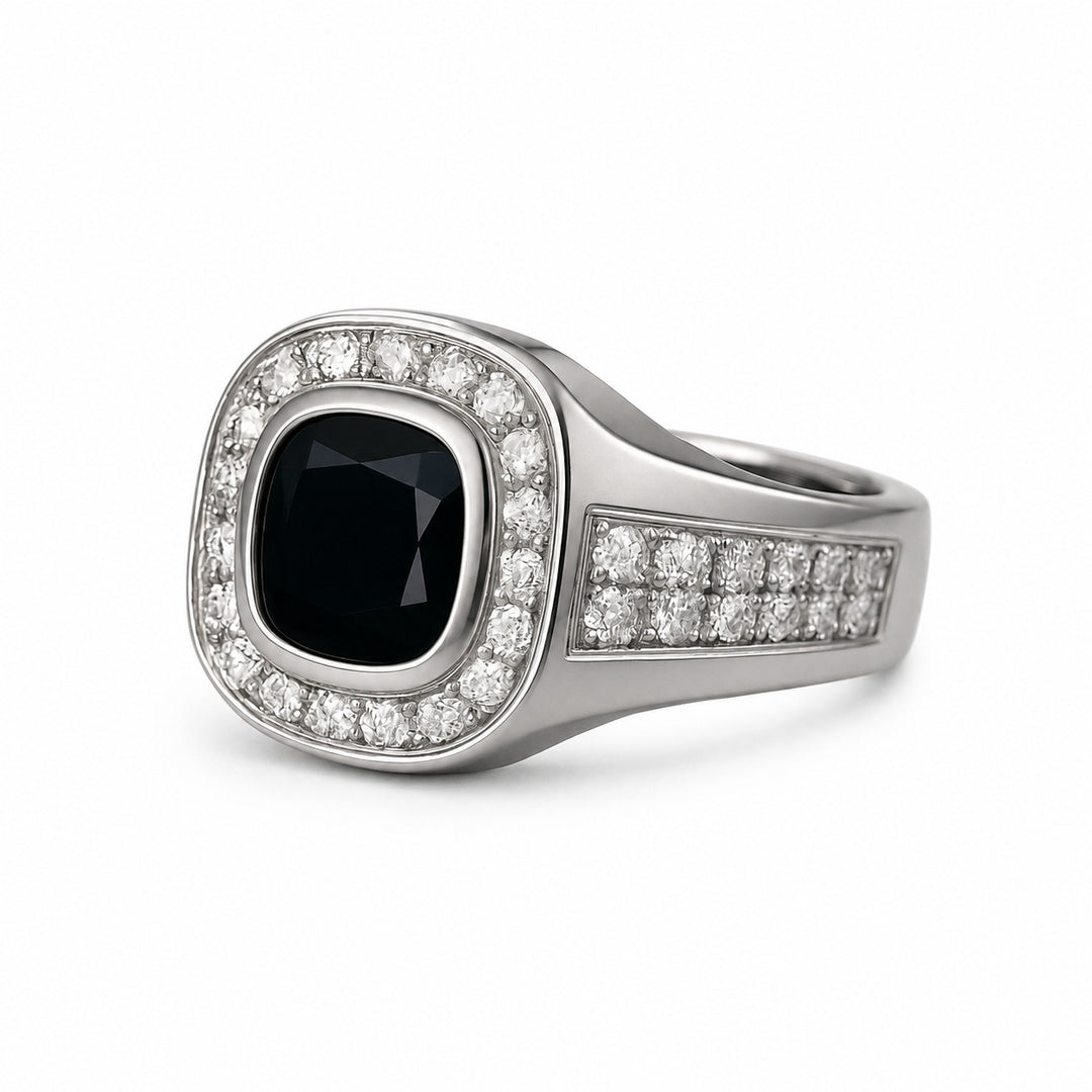 Men's Blue-Black Sapphire Ring with Diamonds – white background view 1