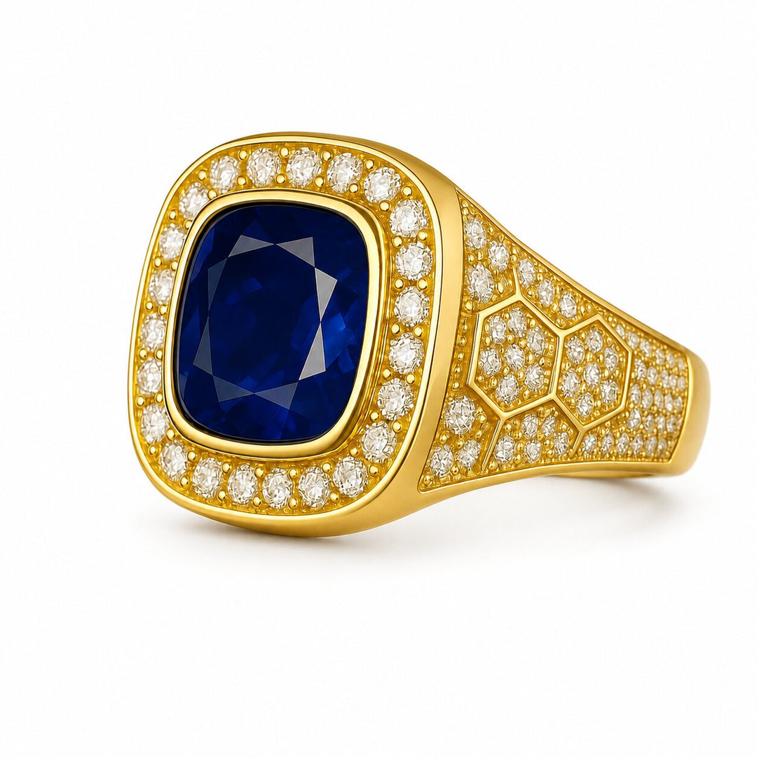 Men's Cushion Blue Sapphire Ring with Diamonds – white background view 1