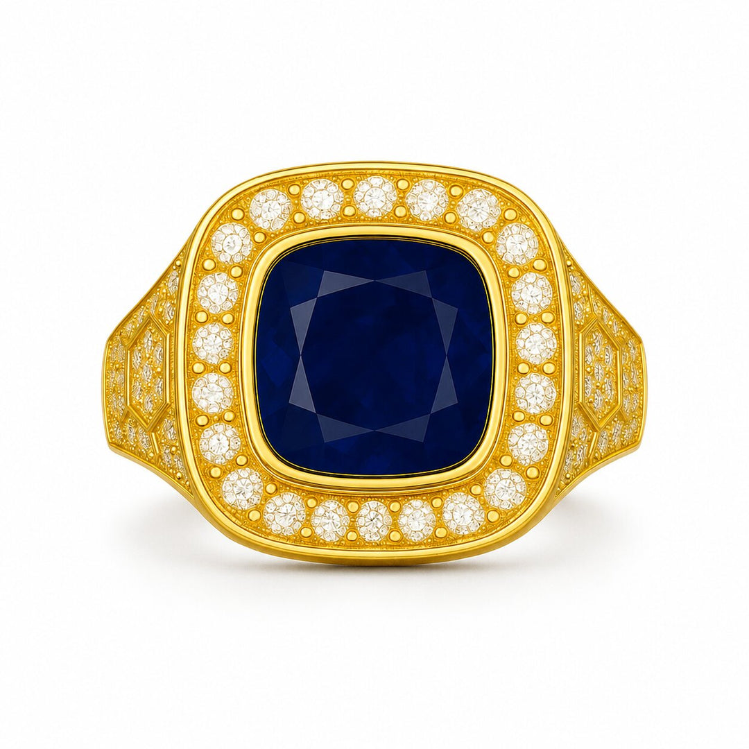 Men's Cushion Blue Sapphire Ring with Diamonds – white background view 2