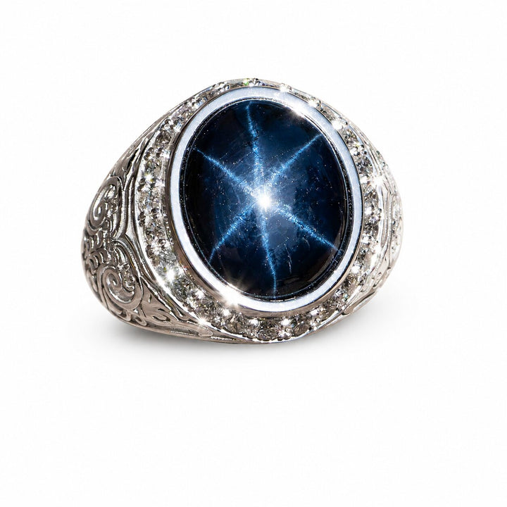 Marlène – 13.00 Carat Natural Blue Sapphire Ring with 1.14 Carats of Natural Diamonds – white background view 1