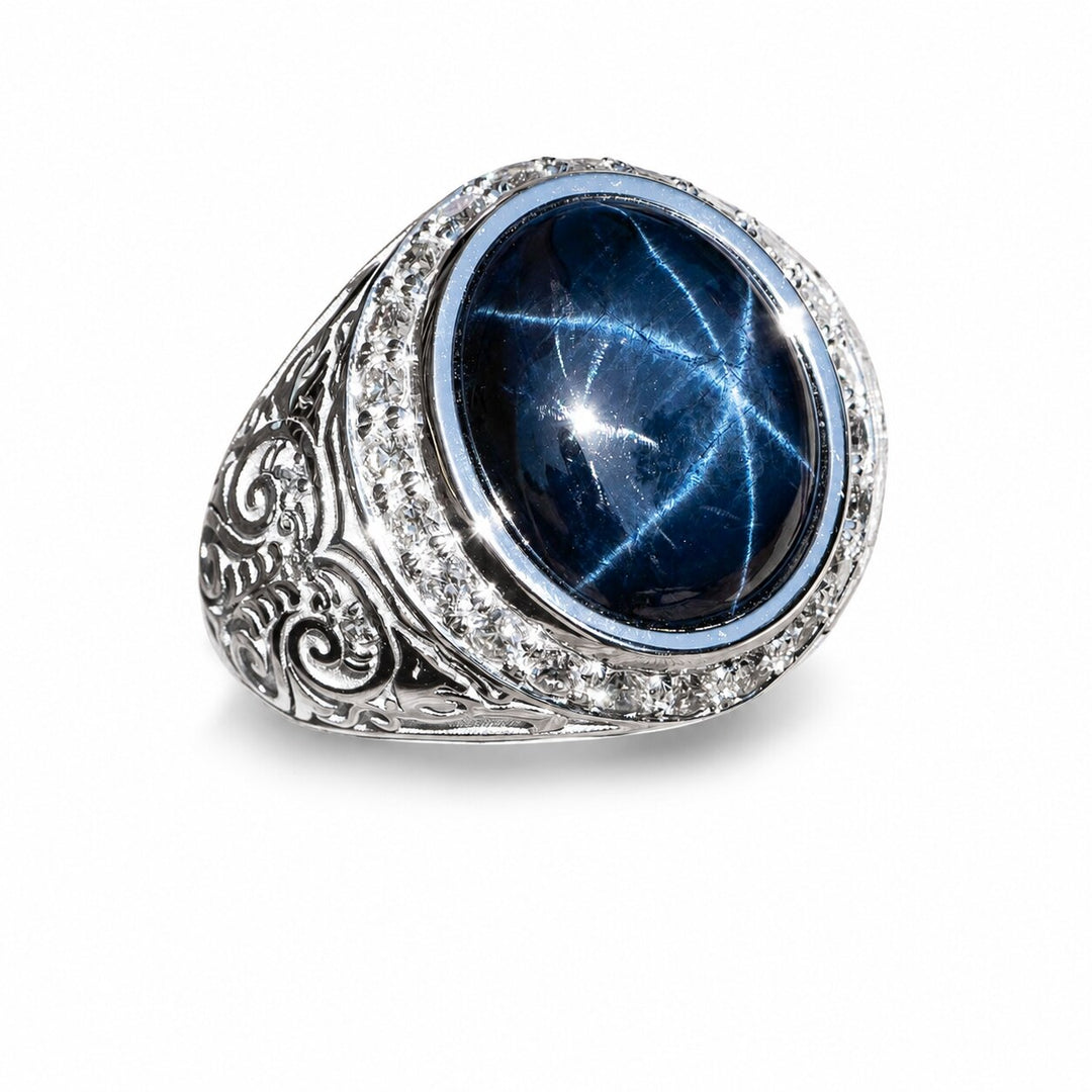 Marlène – 13.00 Carat Natural Blue Sapphire Ring with 1.14 Carats of Natural Diamonds – white background view 2
