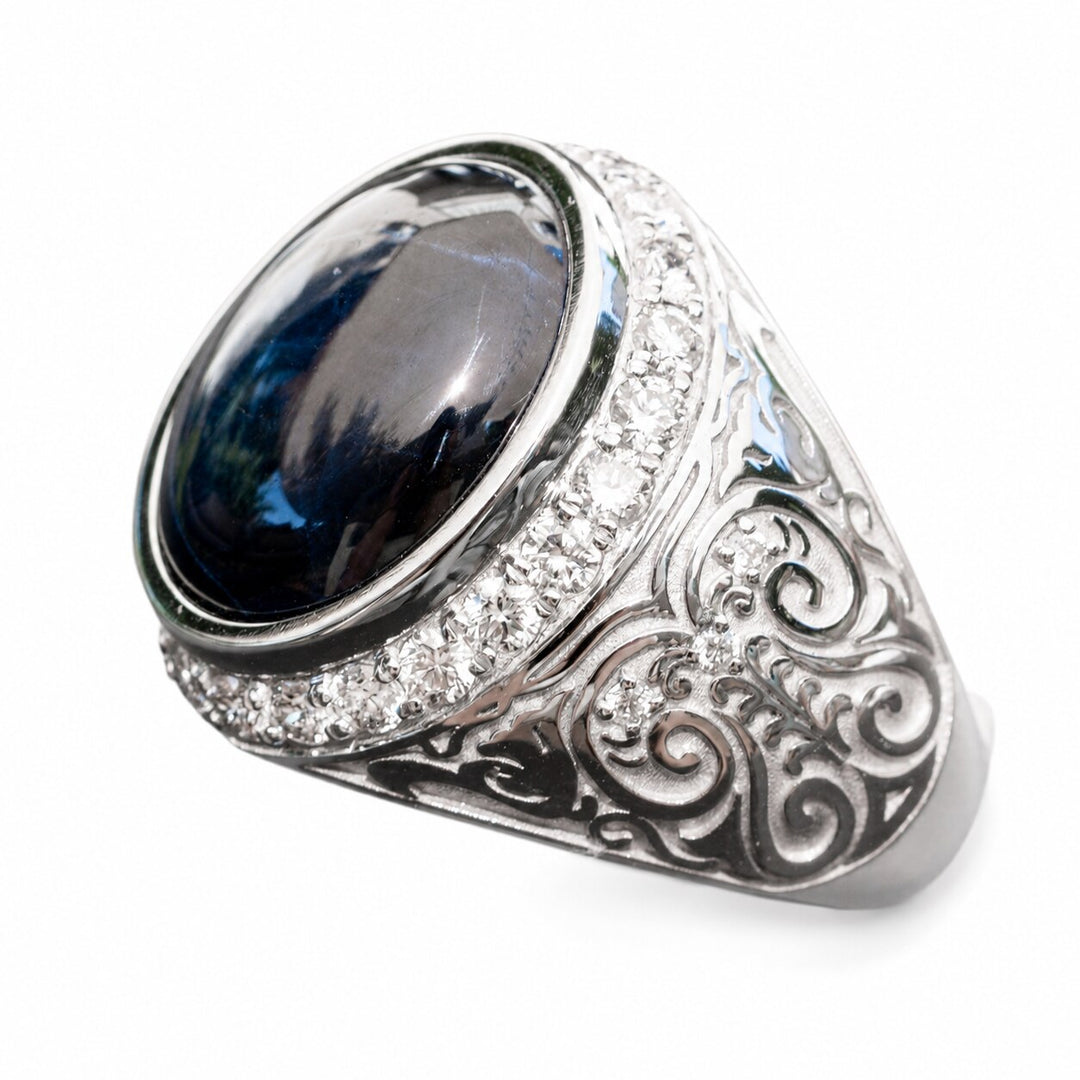 Marlène – 13.00 Carat Natural Blue Sapphire Ring with 1.14 Carats of Natural Diamonds – white background view 4