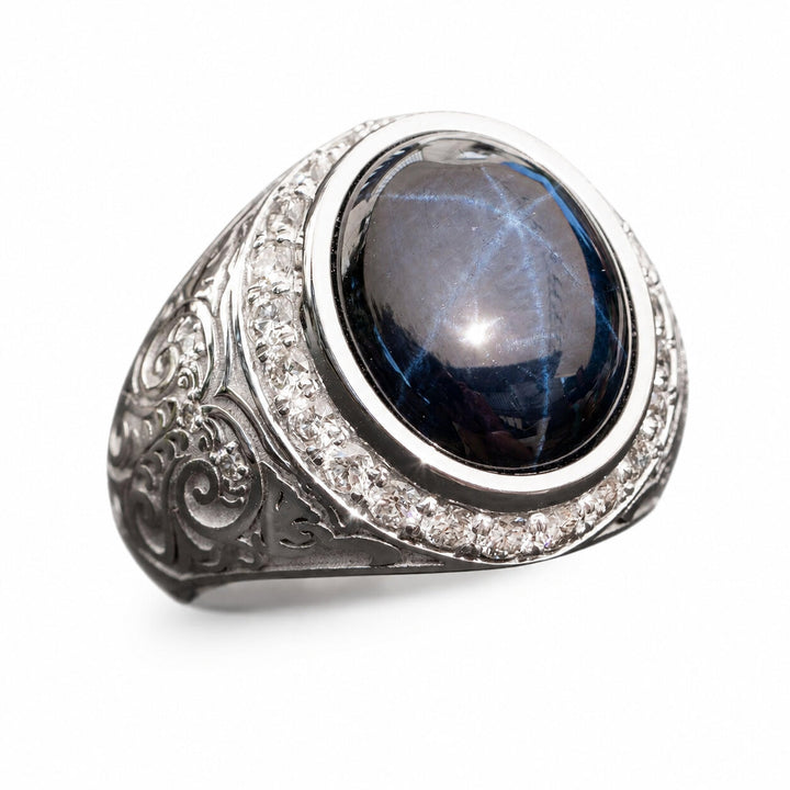 Marlène – 13.00 Carat Natural Blue Sapphire Ring with 1.14 Carats of Natural Diamonds – white background view 6