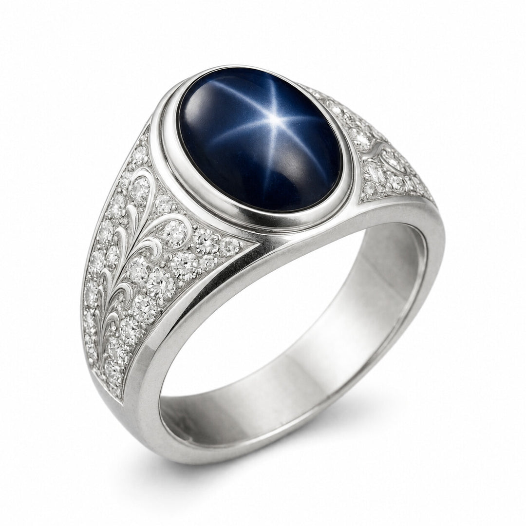 Men's Blue Star Sapphire Ring with Diamonds – white background view 1
