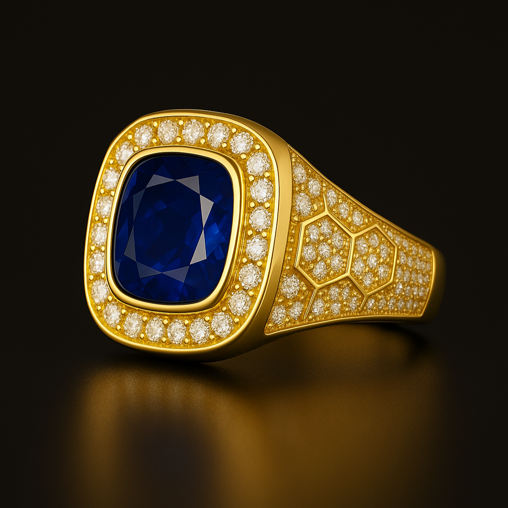 Men's Cushion Blue Sapphire Ring with Diamonds – view 2