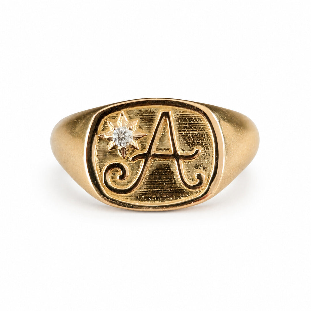 Men's Personalized Initial and Diamond Star Signet Ring – white background view 1