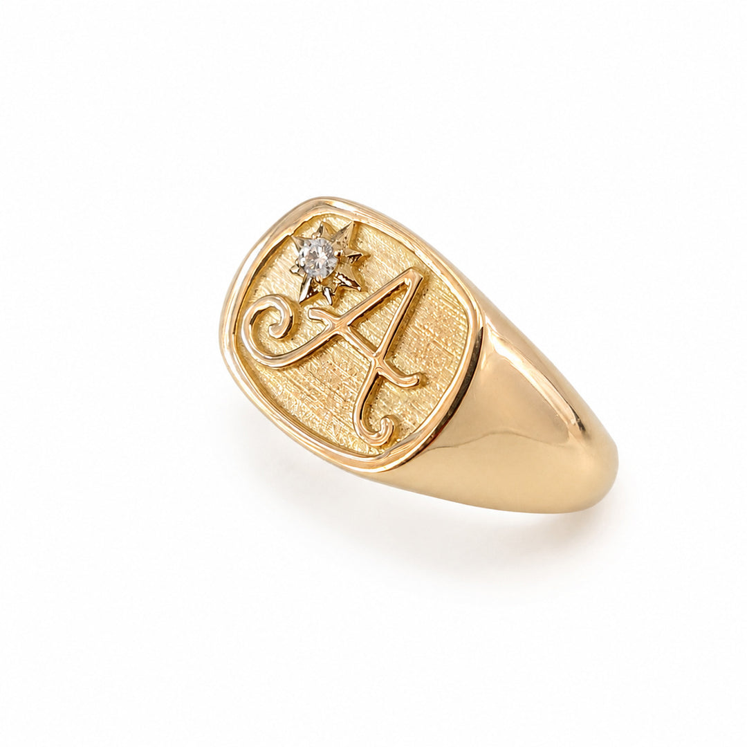 Men's Personalized Initial and Diamond Star Signet Ring – white background view 4