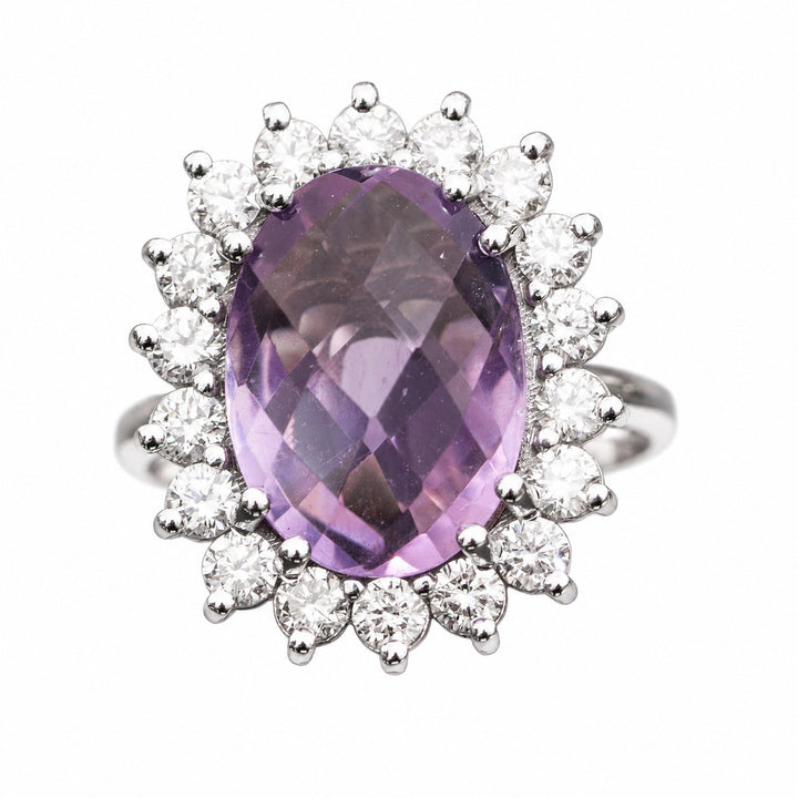 Thea – 5.50 Carat Natural Purple Amethyst Ring with 1.15 Carats of Natural Diamonds – white background view 1