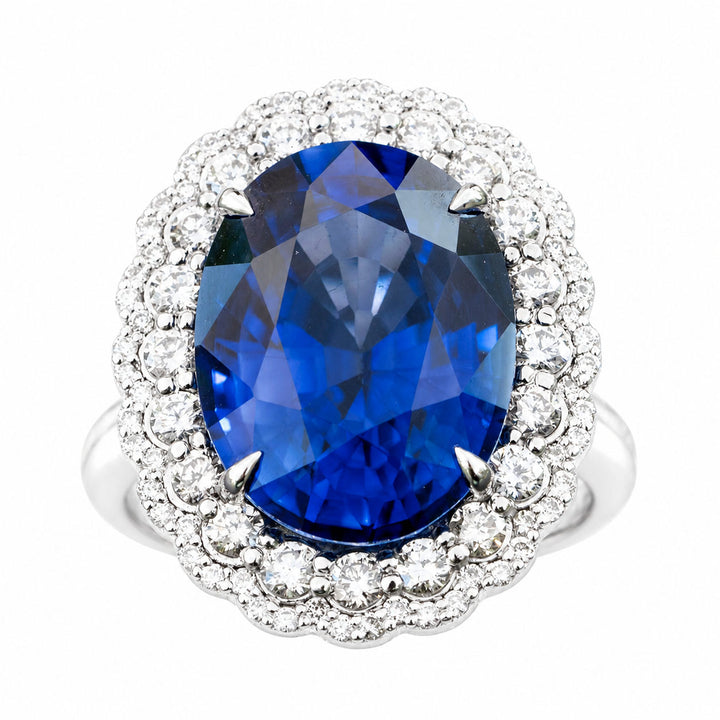 Helen – 13.50 Carat Blue Sapphire Ring with 1.01 Carats of Natural Diamonds – white background view 1