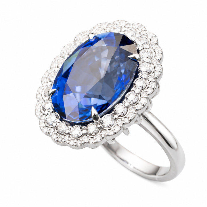 Helen – 13.50 Carat Blue Sapphire Ring with 1.01 Carats of Natural Diamonds – white background view 2