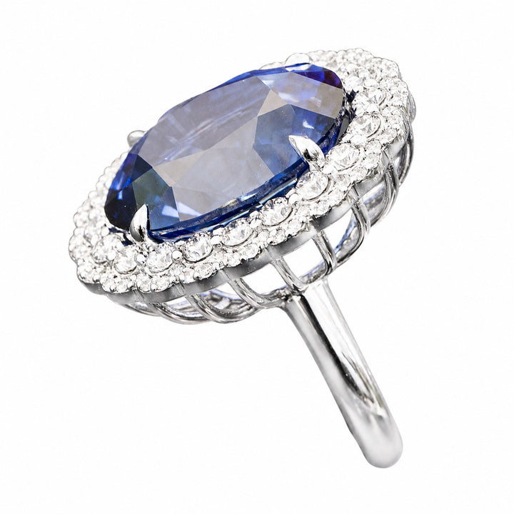 Helen – 13.50 Carat Blue Sapphire Ring with 1.01 Carats of Natural Diamonds – white background view 3