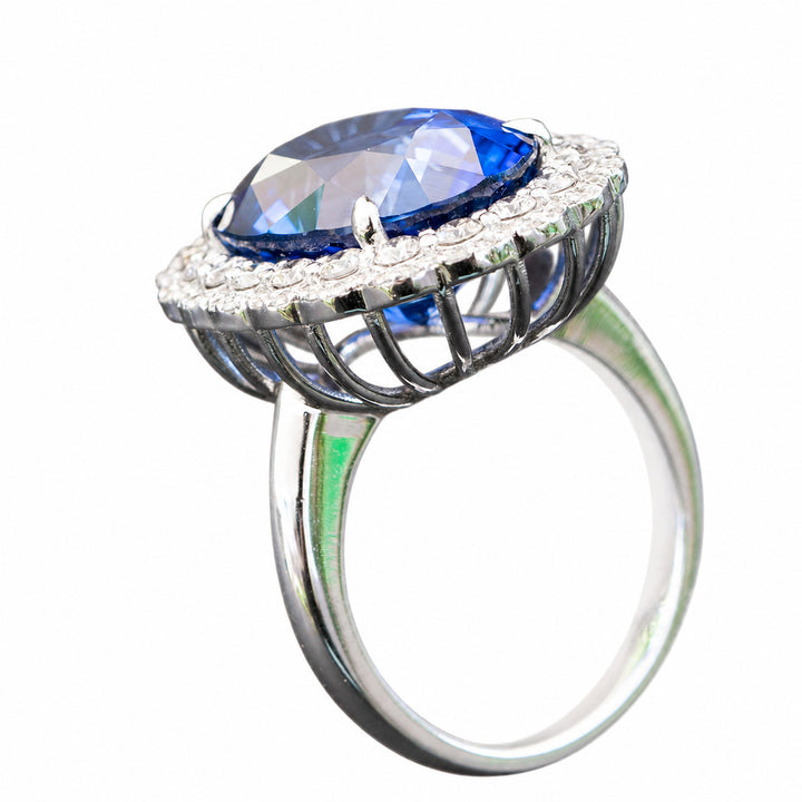 Helen – 13.50 Carat Blue Sapphire Ring with 1.01 Carats of Natural Diamonds – white background view 4