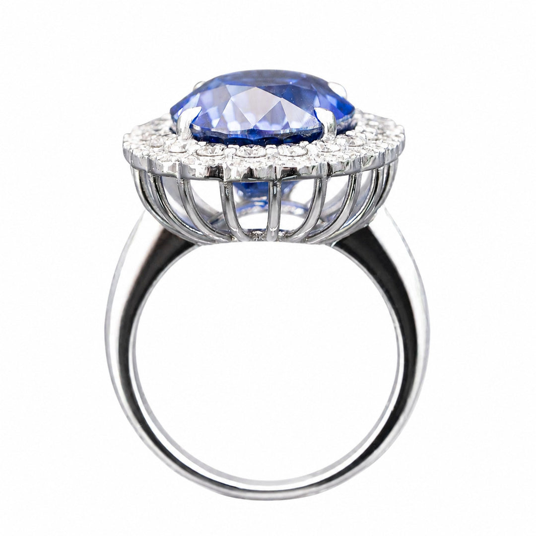 Helen – 13.50 Carat Blue Sapphire Ring with 1.01 Carats of Natural Diamonds – white background view 5