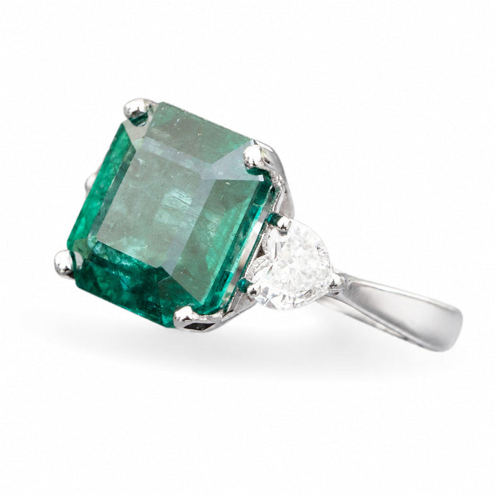 Ashley – 5.10 Carat Natural Green Emerald Ring with 0.65 Carats of Natural Diamonds – white background view 1