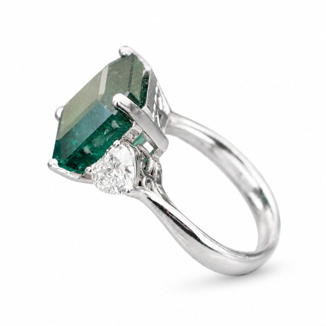 Ashley – 5.10 Carat Natural Green Emerald Ring with 0.65 Carats of Natural Diamonds – white background view 2