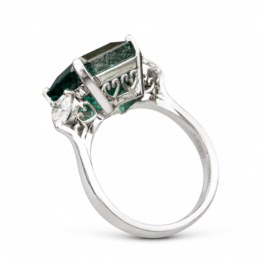 Ashley – 5.10 Carat Natural Green Emerald Ring with 0.65 Carats of Natural Diamonds – white background view 4