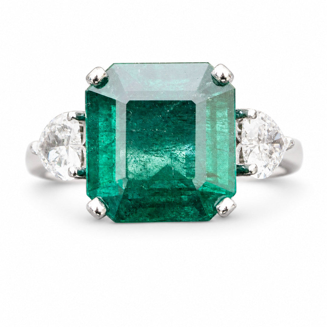 Ashley – 5.10 Carat Natural Green Emerald Ring with 0.65 Carats of Natural Diamonds – white background view 5