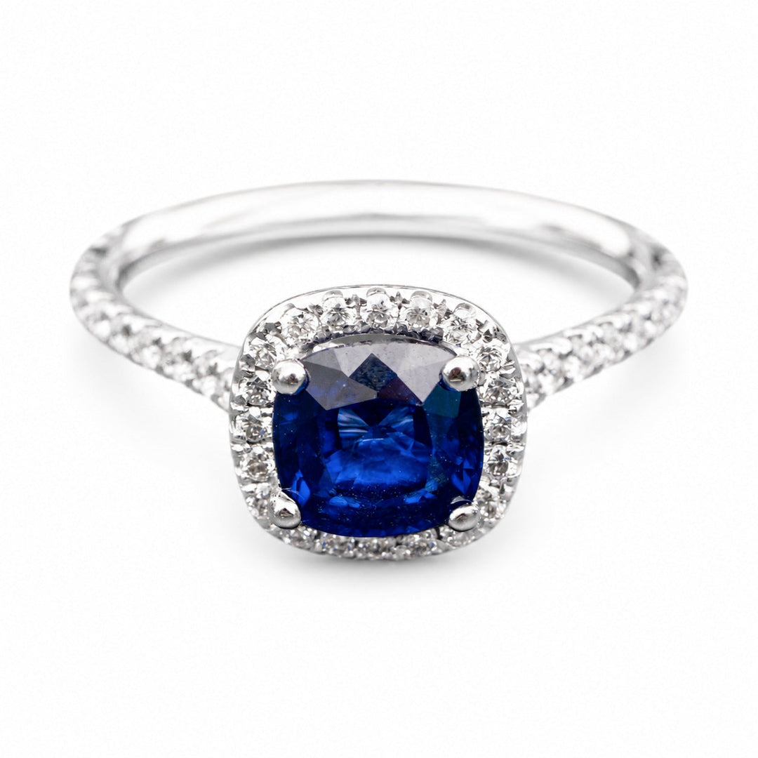 Elena – 1.80 Carat Blue Sapphire Engagement Ring with 0.40 Carats of Natural Diamonds – white background view 1