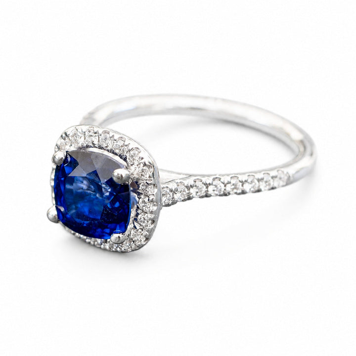 Elena – 1.80 Carat Blue Sapphire Engagement Ring with 0.40 Carats of Natural Diamonds – white background view 2