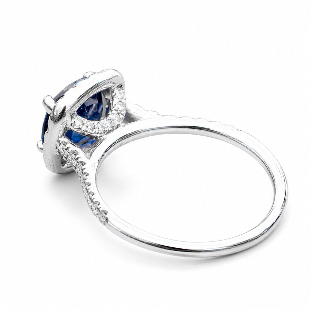 Elena – 1.80 Carat Blue Sapphire Engagement Ring with 0.40 Carats of Natural Diamonds – white background view 3