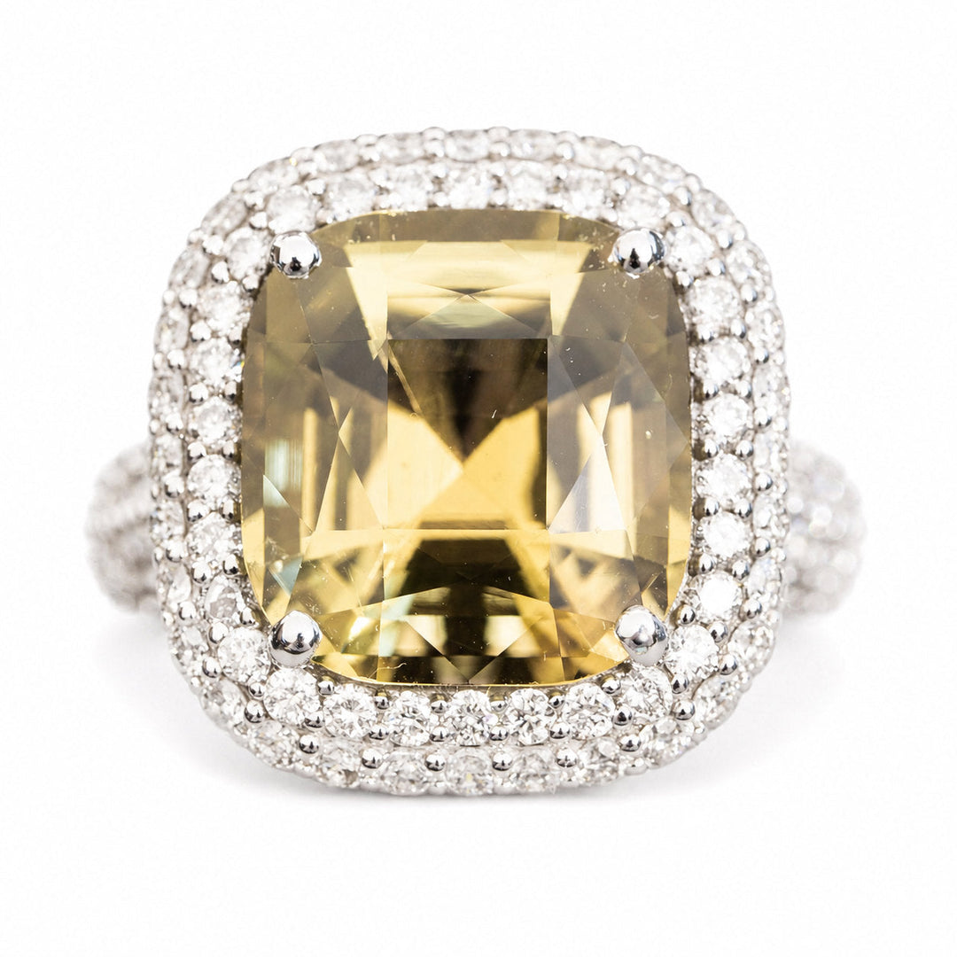 Alethea – 8.40 Carat Natural Yellow Tourmaline Ring with 1.85 Carats of Natural Diamonds – white background view 1