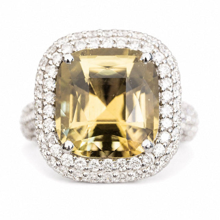 Alethea – 8.40 Carat Natural Yellow Tourmaline Ring with 1.85 Carats of Natural Diamonds – white background view 1