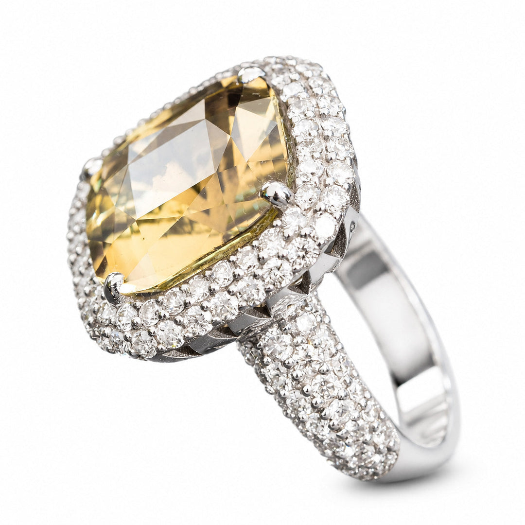Alethea – 8.40 Carat Natural Yellow Tourmaline Ring with 1.85 Carats of Natural Diamonds – white background view 2